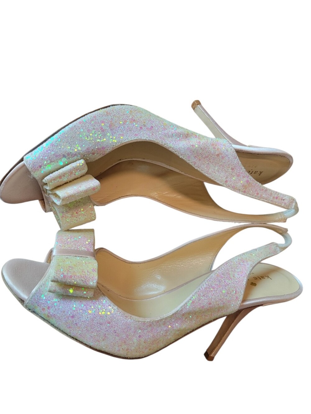 Kate Spade New York Charm Peep Toe White Glitter Sling Back Pumps Heels - Picture 5 of 9